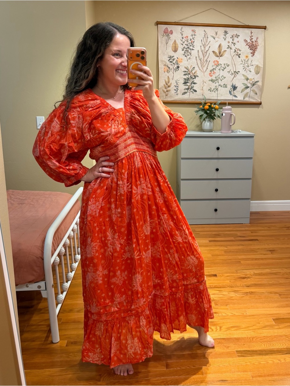 Free People Rare Cotton Smocked Red Floral Maxi Dress with Puff Sleeves Large